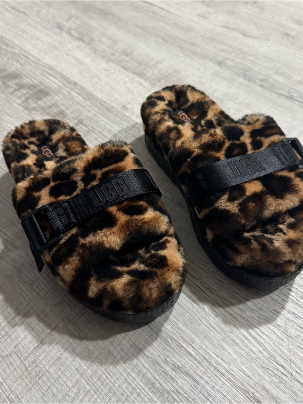 UGG Leopard Print Fuzzy Slide with Black Accents